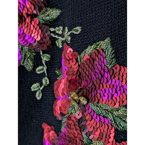 VTG Christmas Poinsettia Cardigan Sweater XS Black Sequins Embroidered Faux Fur - Picture 3 of 11
